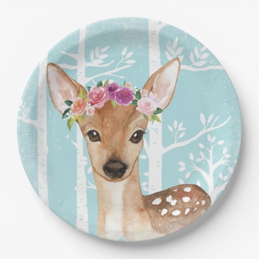 Happy Animal with Blume in Blue Forest Deer Pappteller (Vorderseite)
