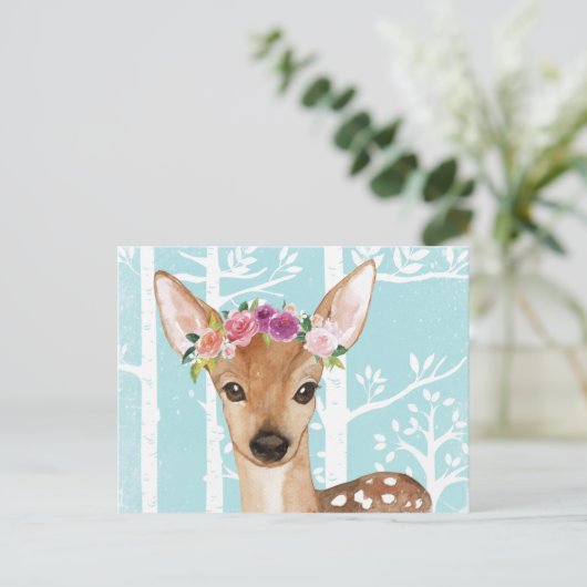 Happy Animal with Blume in Blue Forest Deer Postkarte (Stehend Vorderseite)