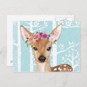 Happy Animal with Blume in Blue Forest Deer Postkarte (Vorne/Hinten)