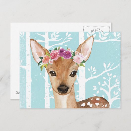 Happy Animal with Blume in Blue Forest Deer Postkarte (Vorne/Hinten)