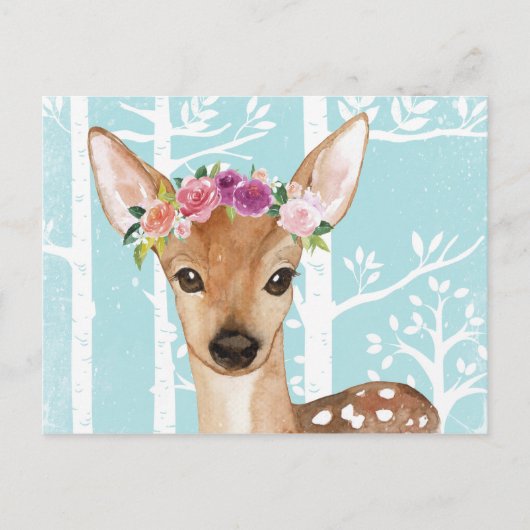 Happy Animal with Blume in Blue Forest Deer Postkarte (Vorderseite)