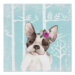 Happy Animal with Blume in Blue Forest-Dog-Mops Poster