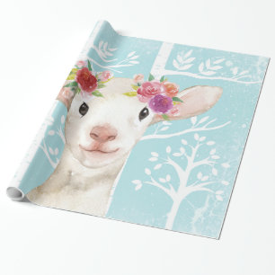 Happy Animal with Blume in Blue Forest Sheep Geschenkpapier
