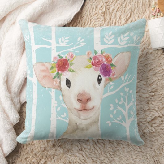Happy Animal with Blume in Blue Forest Sheep Kissen (Decke)
