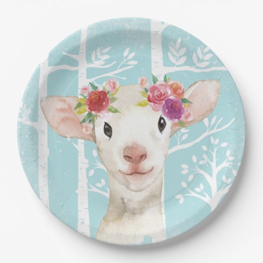 Happy Animal with Blume in Blue Forest Sheep Pappteller (Vorderseite)