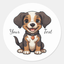 Happy Animated Puppy Illustration Customizable Runder Aufkleber