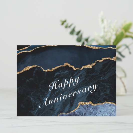 Happy Anniversary - Agate Navy Blue Gold Edelstein Karte (Stehend Vorderseite)