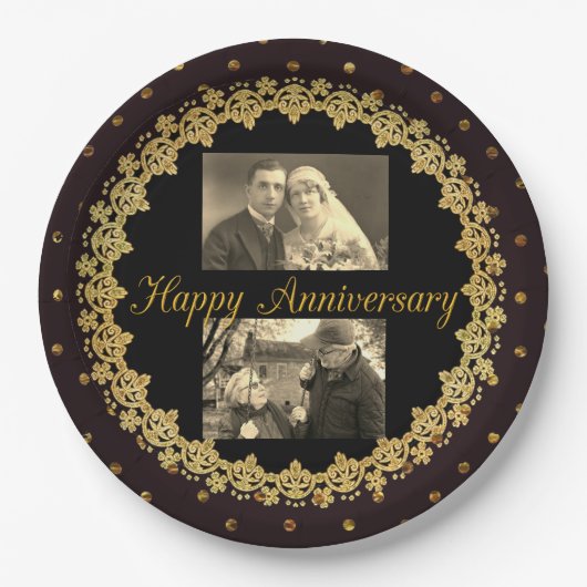 Happy Anniversary Black & Gold Personalisiert Plat Pappteller (Vorderseite)