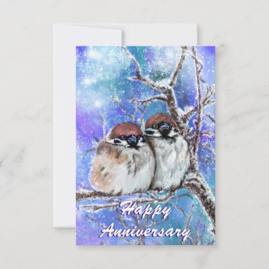 Happy Anniversary Card Sparrows Couple im Winter Karte (Vorderseite)