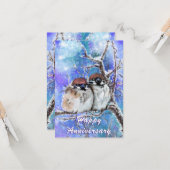 Happy Anniversary Card Sparrows Couple im Winter Karte (Vorderseite/Rückseite Beispiel)