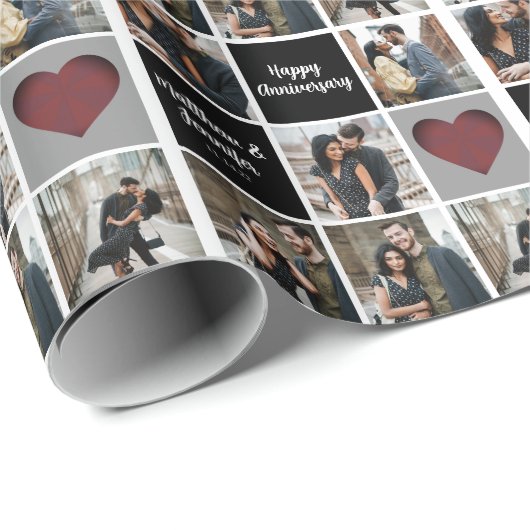 Happy Anniversary Chic Custom Couple Foto Collage Geschenkpapier (Rolleneckpunkt)