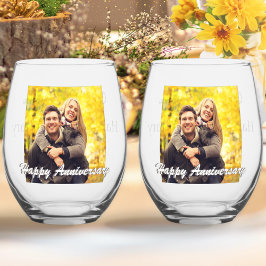 Happy Anniversary Custom Foto Stilvolles Set von 2 Weinglas Ohne Stiel