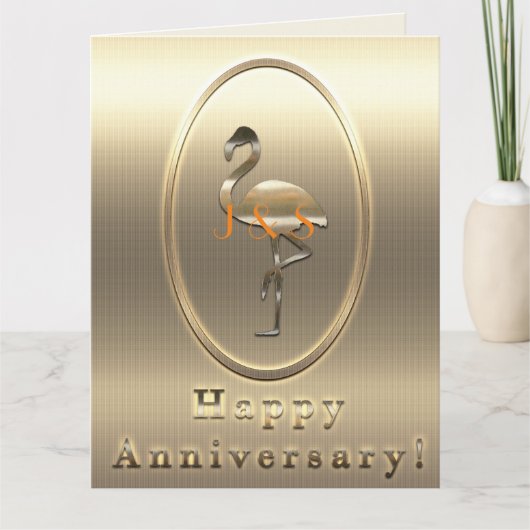 Happy Anniversary Flamingo Monogram Karte (Vorderseite)
