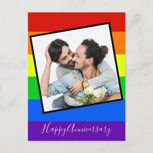 Happy Anniversary Gay Couple Foto Custom Rainbow Postkarte (Vorderseite)