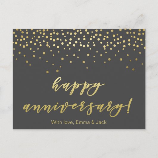 Happy Anniversary - Gold Script & Confetti Postkarte (Vorderseite)