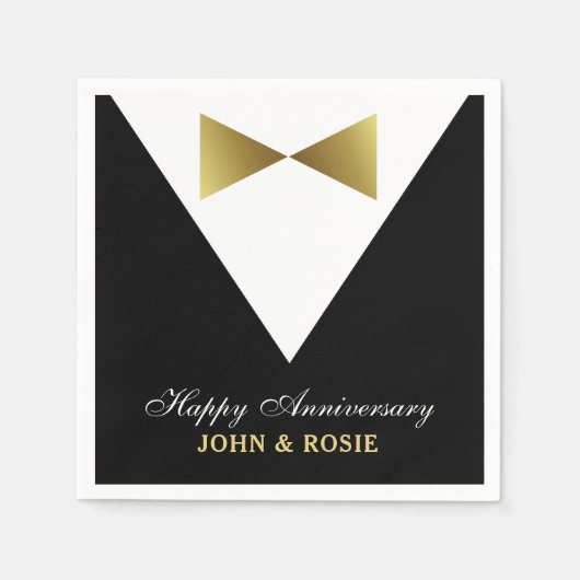 Happy Anniversary Napkins | Black and Gold Tuxedo Serviette (Vorderseite)