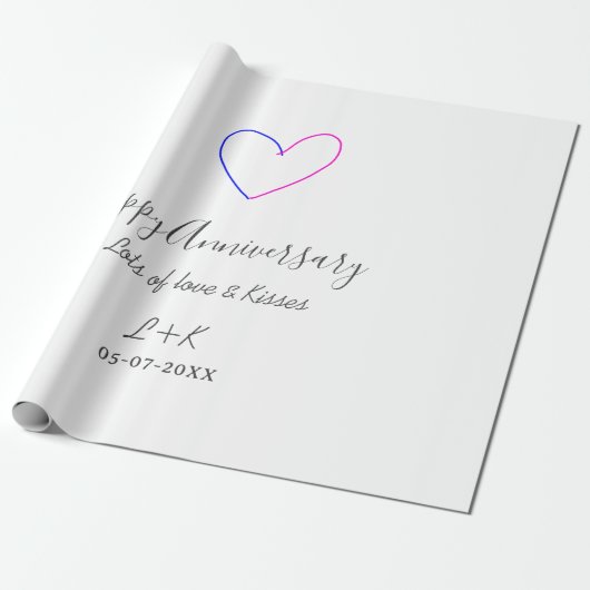 Happy anniversary pink blue heart name date simple geschenkpapier (Ungerollt)