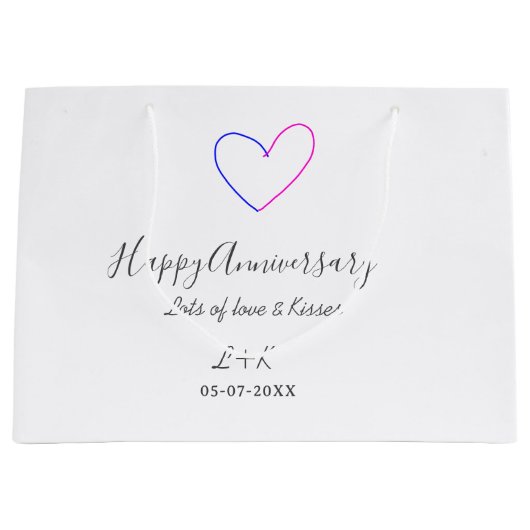 Happy anniversary pink blue heart name date simple große geschenktüte (Vorderseite)