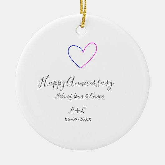 Happy anniversary pink blue heart name date simple keramik ornament (Vorne)