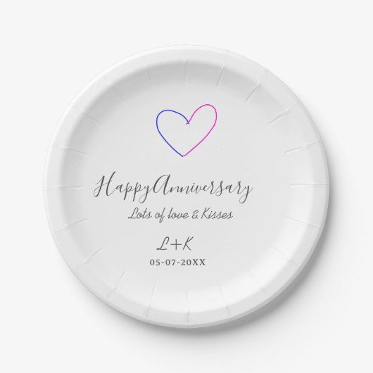 Happy anniversary pink blue heart name date simple pappteller (Vorderseite)