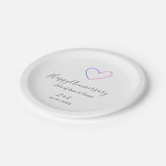 Happy anniversary pink blue heart name date simple pappteller (Schrägansicht)