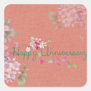 Happy Anniversary Pink Floral Quadratischer Aufkleber