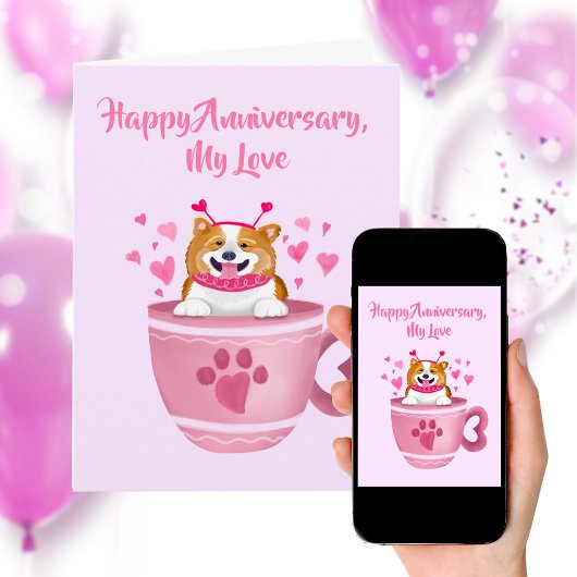 Happy Anniversary Pink Hearts Corgi Karte
