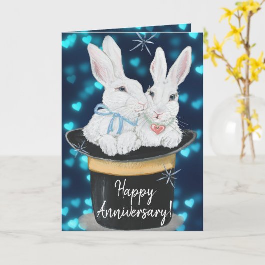Happy Anniversary Rabbits Magic Top Hat Custom Karte (Gelbe Blume)