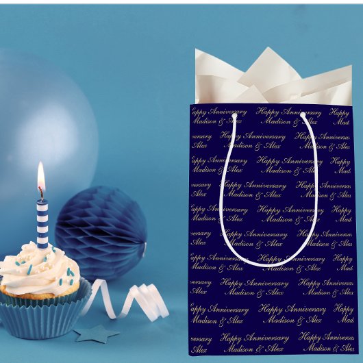 Happy Anniversary Script with Name Blue Gold Mittlere Geschenktüte