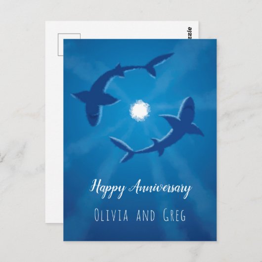 Happy Anniversary Sharks Couple Silver Moon Card Postkarte (Vorne/Hinten)