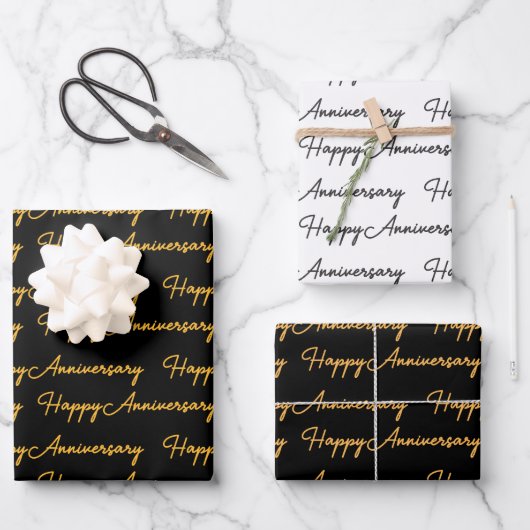Happy AnniversaryGold Black Text Pattern Geschenkpapier Set (Vorderseite)