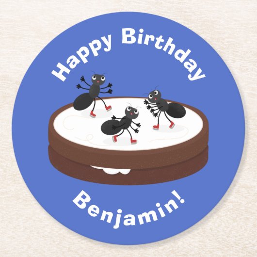 Happy ants Eis Skaten auf Keks Cartoon Runder Pappuntersetzer (Vorderseite)