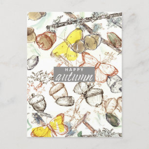 Happy Autumn Acorns Lichen Butterflies Wassercolor Feiertagspostkarte