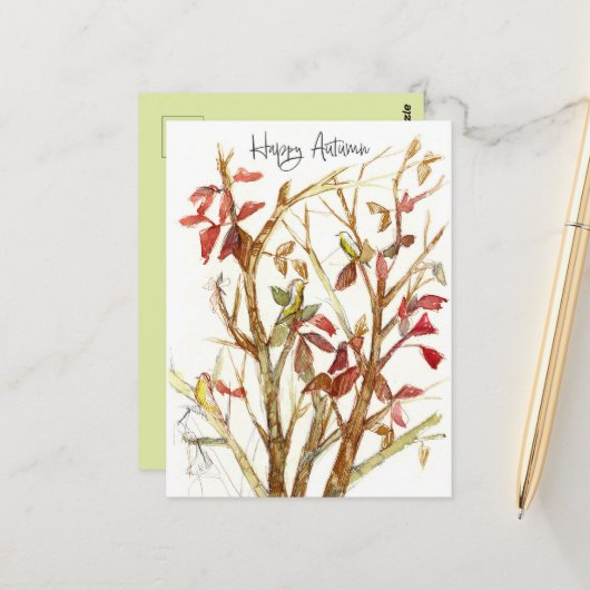 Happy Autumn Fall Colors Tree Birds Branches Postkarte (Vorderseite/Rückseite Beispiel)