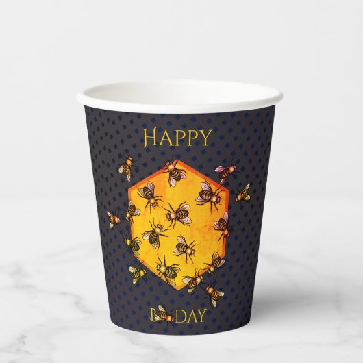 Happy B Day Honey Bees Black Yellow Funny Geburtst Pappbecher (Vorderseite)