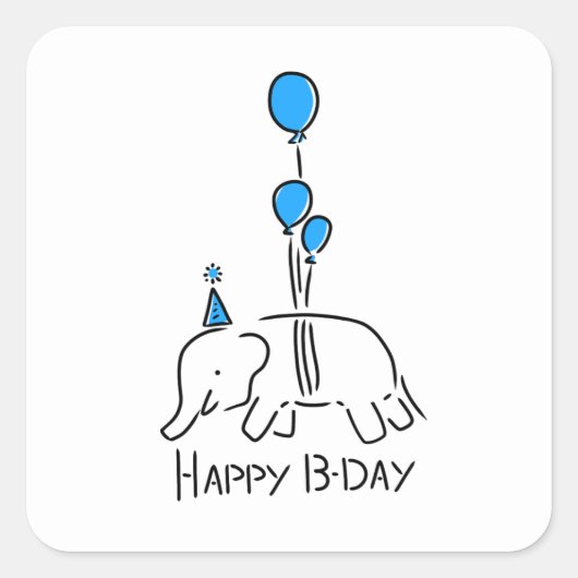Happy b day, olifant blauw quadratischer aufkleber (Vorderseite)