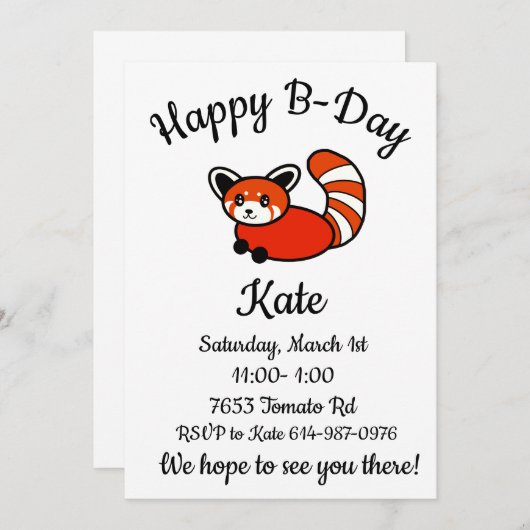Happy B-day Red Panda Einladung (Vorne/Hinten)