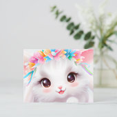 Happy Baby Bunny mit Blume und einem Regenbogen Postkarte (Stehend Vorderseite)