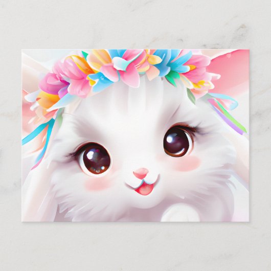 Happy Baby Bunny mit Blume und einem Regenbogen Postkarte (Vorderseite)