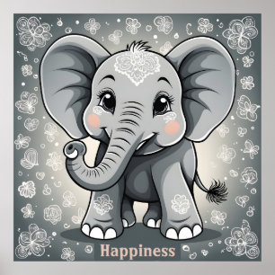 Happy Baby Elephant AI Fantasy Digital Art Poster
