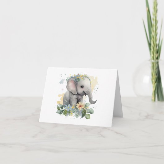 Happy Baby Watercolor Elefant mit Blume BLANK Karte (Vorderseite)
