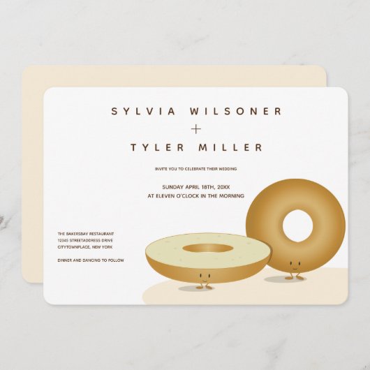 Happy Bagels Wedding White Cream Brown Einladung (Vorne/Hinten)
