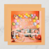 Happy Balloons Einladung zur ersten Geburtstagskar (Vorne/Hinten)