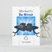 Happy Bar Mitzvah 20XX Tefillin Blue Einladung (Stehend Vorderseite)