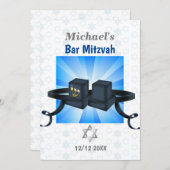 Happy Bar Mitzvah 20XX Tefillin Blue Einladung (Vorne/Hinten)