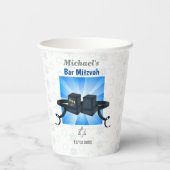 Happy Bar Mitzvah 20XX Tefillin Blue Einladung Pappbecher (Rückseite)