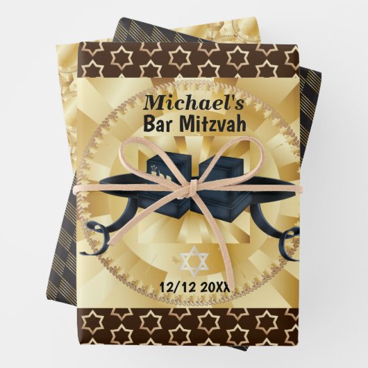 Happy Bar Mitzvah 20XX Tefillin Moderne personalis Geschenkpapier Set (Beispiel)