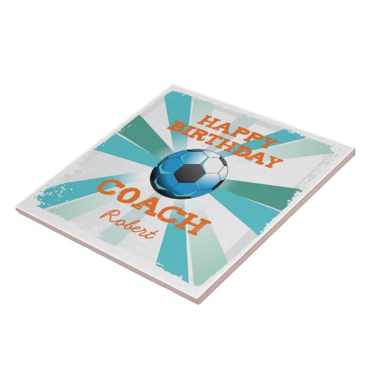 Happy Bday Soccer Coach Orange/Aquamarin/Blue Ster Fliese (Seite)