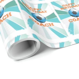Happy Bday Soccer Coach Orange/Aquamarin/Blue Ster Geschenkpapier