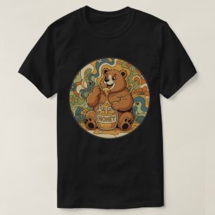 Happy Bear Eating Honey - Groovy Nature Art T-Shirt
